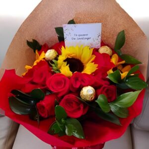 Bouquet de 24 rosas, girasol y 3 ferrero R48